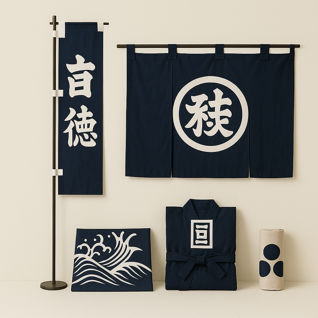 1702年創業・株式会社 松田染物店の宣伝幟と暖簾 筒描き染め